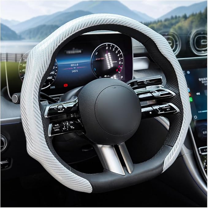 Car Steering Wheel Cover with Comfort Grip, 14.5-15" Carbon Fiber Laser Non-Slip Steering Wheel Protector, Cool Stylish Auto Interior Decor Accessories, Universal for Van SUV Sedan (White)