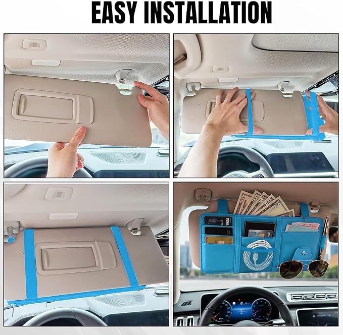 Car Sun Visor Organizer, Truck Visor Organizer, Leather Multi-Pocket Auto Visor Storage Pocket Pouch Holder with Zipper, Auto Accessories Storage Bag for Driving License Card Pen (Sky Blue)