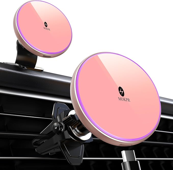 for Magnetic Car Mount Charger-15W Wireless Car Charger-Magnetic Car Phone Holder for Dash Air Vent-LED RGB HandsFree Car Mount Fast Car Charger for iPhone 16 15/14/13/12 Pink