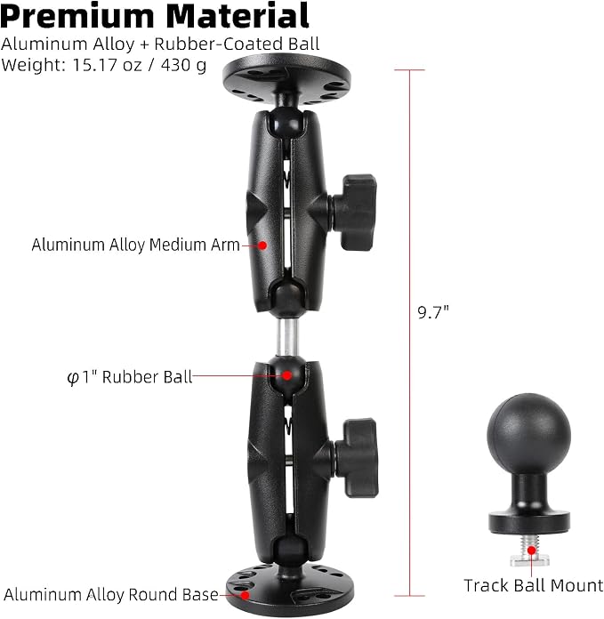 AMPS Round Plate Drill Base for Fish Finder, T-Bolt Track Mount with Aluminum Long Arm Extension for Garmin Striker 4 / Plus 4 / Vivid 4cv, Compatible with RAM Mounts/GPS Chartplotter Holder/Boat