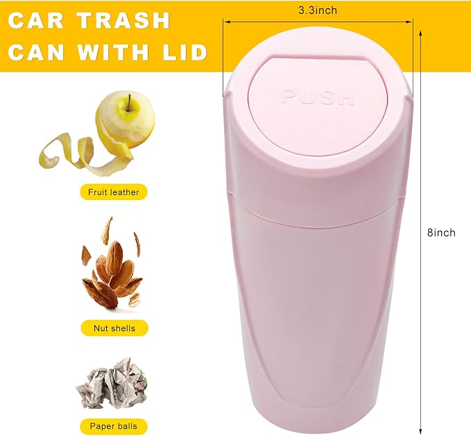 Car Trash Can Bin with Lid, Leakproof Portable Garbage Trash Bin Mini Cup Holder Organizer, Automotive Interior Dustbin Multipurpose Storage Container for Car Home Office (Pink)