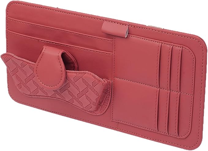 Car Sun Visor Organizer, Multi-Function Leather Car Visor Storage Pouch for Sunglasses Cards Licenses Pens, Multi-Pocket Visor Organizer, Universal for SUV, Sedan, Truck (Red)