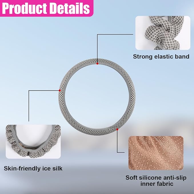Elastic Stretch Steering Wheel Cover, Anti-Slip, 15inch, Grey | Microfiber Odorless Breathable Ice Silk Car Steering Wheel Protector, Easy Carry, Warm in Winter & Cool in Summer