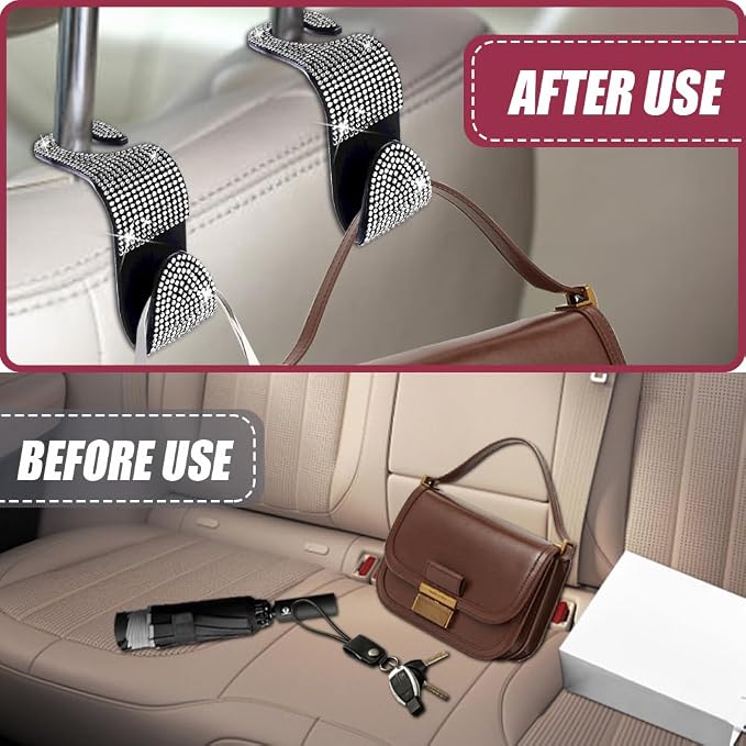 2 Pack Car Hooks, Bling Rhinestones Crystal Hooks, Auto Seat Back Organizers, Car Decorations Backseat Hanger, Car Seat Hooks Perfect for Holding Handbags, Clothes, Purses and Water Bottles
