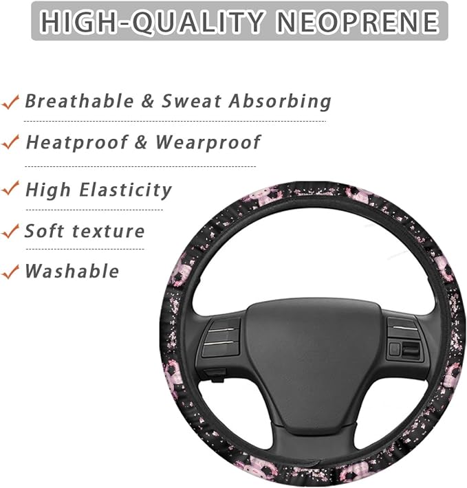 Cartoon Axolotl Cherry Blossom Car Steering Wheel Cover Non-Slip Rubber Steering Wheel Covers Warm Breathable Sweat Absorption 15 Inches Pink