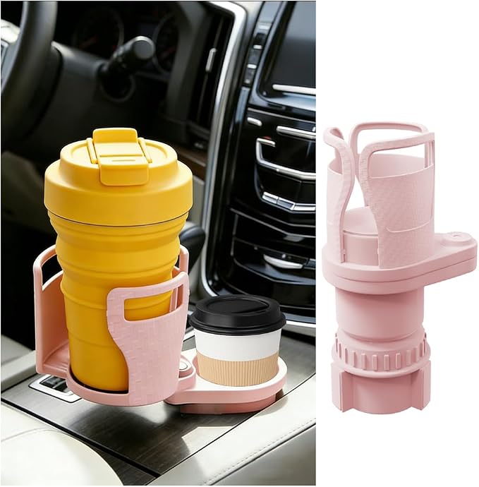 Car Cup Holder Expander, 2 in 1 Multifunctional 360° Rotating Water Bottles Holder Extender Adapter with Adjustable Base, Automotive Insert Drink Cup Adapter, Universal for Vehicles (Pink)