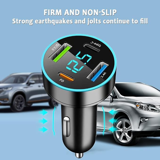 4 Ports Fast Car Charger,[Upgrade Voltmeter Display] PD+QC3.0+USB C Car Charger for 12-24V Cigarette Lighter Plug,Car Phone Charger Compatible with iPhone/Android/Samsung/iPad (QC3.0+Type-C+PD+2.4A)