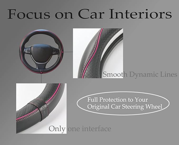 ESEWALAS Universal Car Steering Wheel Cover,Anti-Slip Leather Steering Wheel Cover,Sports Style Steering Wheel Protector,Car Interior Accessories Steering Wheel (Black with Pink)