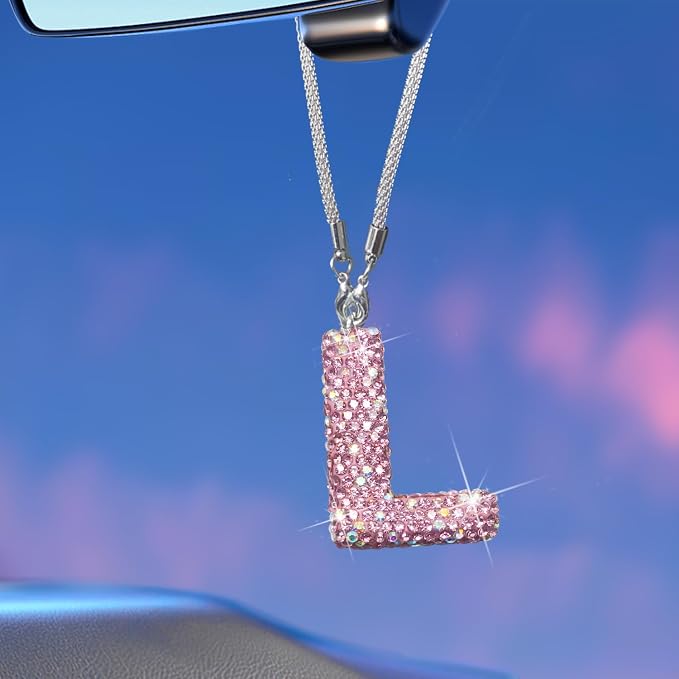 Bling Pink Car Accessories for Women Letter Charm, Rainbow Color Rear View Mirror Cute Crystal Pendant Car Decorations, Lucky Gifts Girly Diamond Rhinestone Charm Letter L