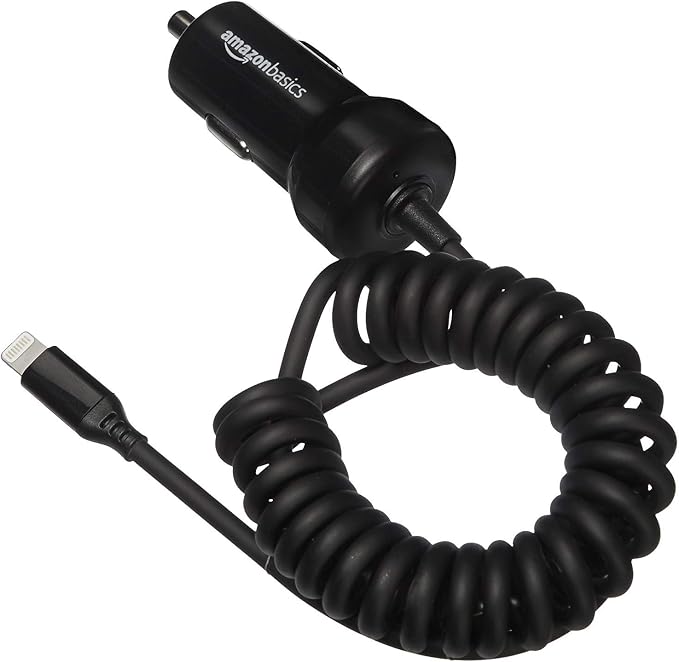 12W (5V, 2.4A) Fast Car Charger with Coiled Lightning Cable, MFi Certified for iPhone, iPad and Apple Devices, 1.5 ft, Black