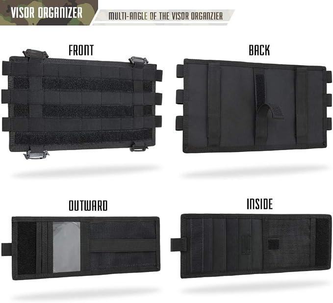 WYNEX Car Visor Organizer with Detachable Card Pouch | Auto Sun Visor Storage Molle Panel with Elastic Webbing Slots for Glasses & Tactical Gear | Fit Most Vehicle, SUVs & Trucks (2, Black (2-Pack))