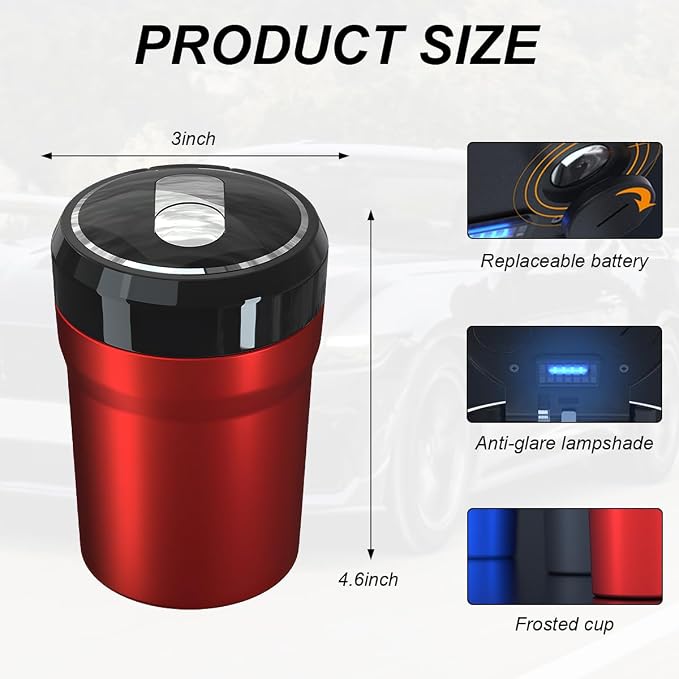 Car Ashtray with Lid, Easy Clean Up Detachable Smokeless Ashtray with LED Blue Light, Portable Mini Ash Tray Cup Holder for Car Home Office Travel, Interior Auto Accessories (Red, Larger)