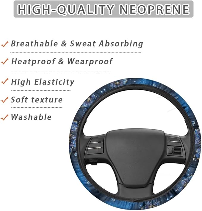 Steering Wheel Cover for Most Cars Universal Fit 14 to 15 inch | Blue Butterfly, Anti-slip Steering Wheel Protector, No Smell Fashion, Easy Install