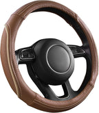 Brown Delux Leather Steering Wheel Cover, Universal Fit for Suvs,Sedans,Vans,Small Trucks for 14.5" to 15"(Brown & Beige Piping)