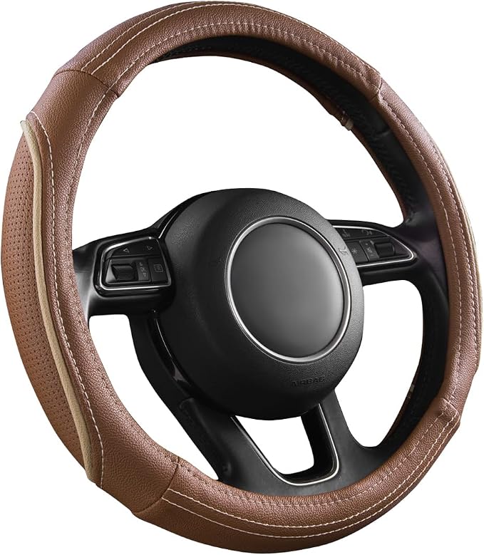 Brown Delux Leather Steering Wheel Cover, Universal Fit for Suvs,Sedans,Vans,Small Trucks for 14.5" to 15"(Brown & Beige Piping)