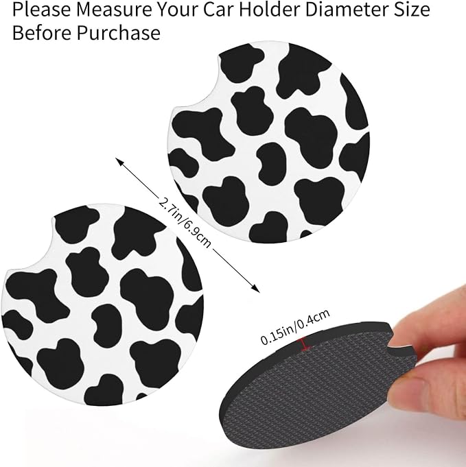 Cow Print 3pc car Set : Steering Wheel Cover + 2 Pc Car Coasters | neoprene Anti-Slip Breathable Universal 14.5-15.5 in for Suitable for Men Women