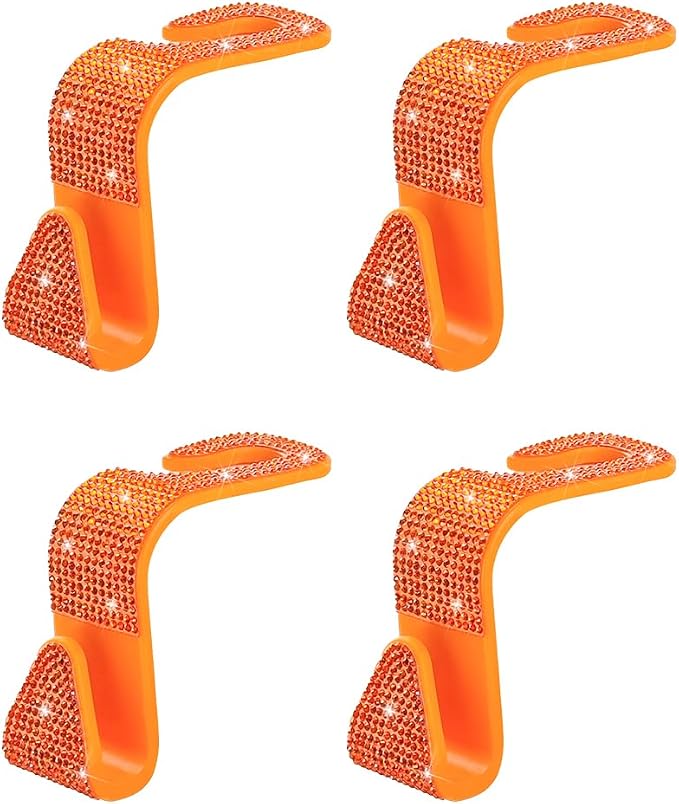 4PCS Bling Car Seat Headrest Hooks, Crystal Rhinestone Vehicle Back Seat Hanger Holder, Auto Interior Headrest Hanging Storage Organizer for Purse Handbag Coat, Universal Fit (Orange)