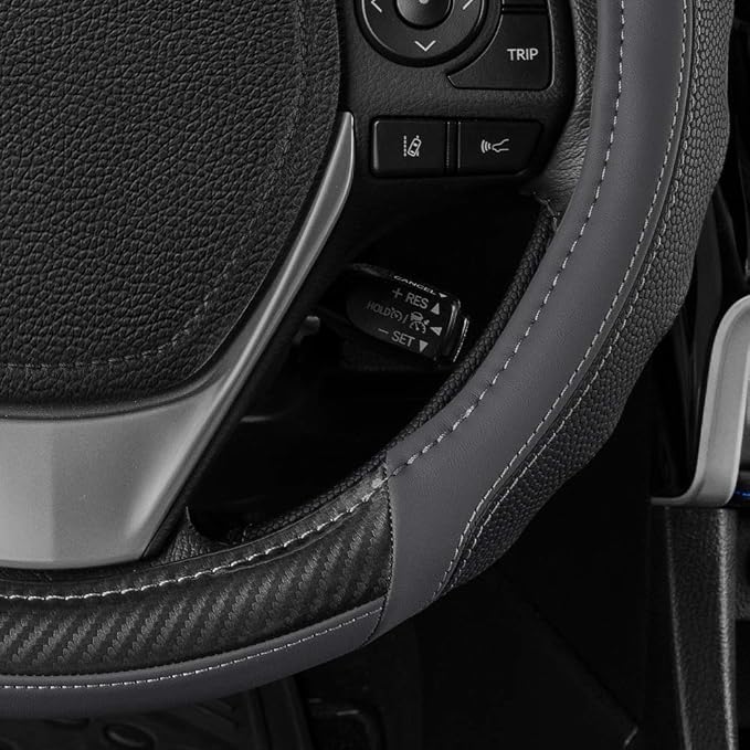 UltraSport Gray Carbon Fiber Steering Wheel Cover, Standard 15 inch Size, Black Faux Leather Comfort Grip, Car Steering Wheel Cover for Auto Truck Van SUV