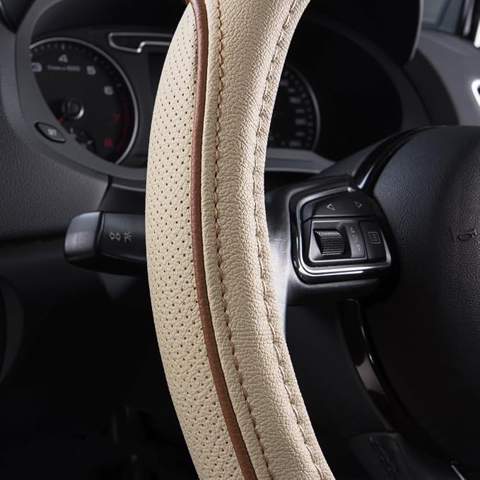 Line Rider Universal Fit Delux Leather Steering Wheel Cover, for suvs,sedans,Vans,Trucks for 14.7" to 15" (Beige)