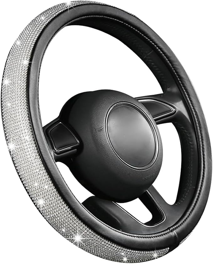 Steering Wheel Cover, Bling Crystal Rhinestones Auto Wheel Protector, Sparkly Cover Universal Fit Diverse 14.5-15 inch Steering Wheel, Interior Decor Car Accessories (White)