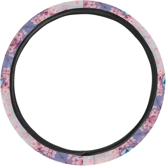Butterfly Peach Blossom Pattern Car Steering Wheel Cover with a Diameter of 15" Comfortable Auto Steering Wheel Protector Car Interior Accessories Fit Most Van SUV Truck Car