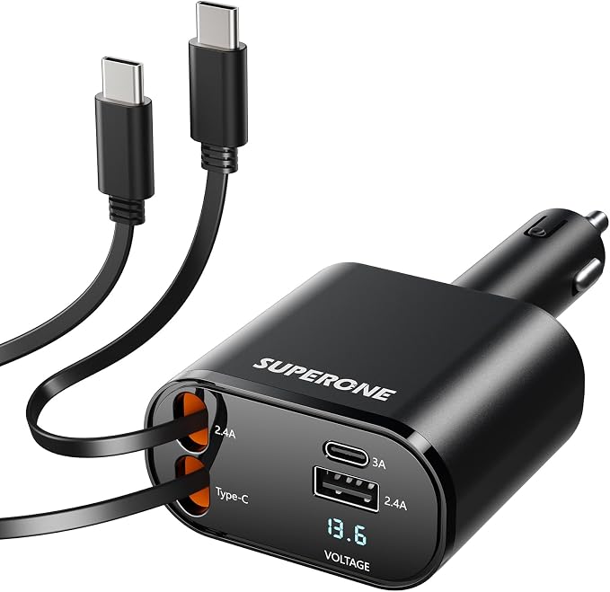 Retractable Car Charger for iPhone with Dual Type C Cables, 4 in 1 USB C Car Charger Adapter with 69W Fast Charging Compatible with iPhone 17 16 15 14 13 12 11 Pro/XS/XR/SE/iPad/Airpods
