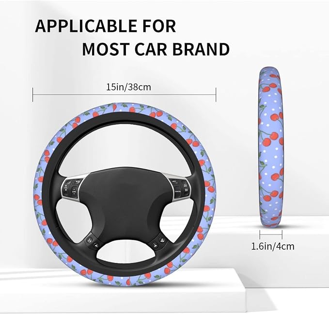 Purple Cherry Steering Wheel Cover for Women Men with 2 Pcs Car Coasters, Universal 14.5-15 Inch Rainbow Steering Wheel Covers Non-Slip Car Accessories for Girls
