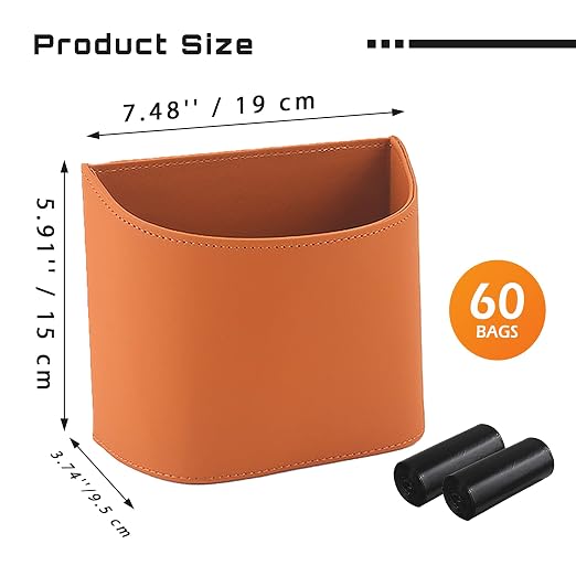 Leather Car Trash Can – Leakproof & Easy-to-Clean Car Trash Bin for Luxury Cars, SUVs & Trucks | Includes 60 Custom Liners, Secure Hook, Easy Install, Brown