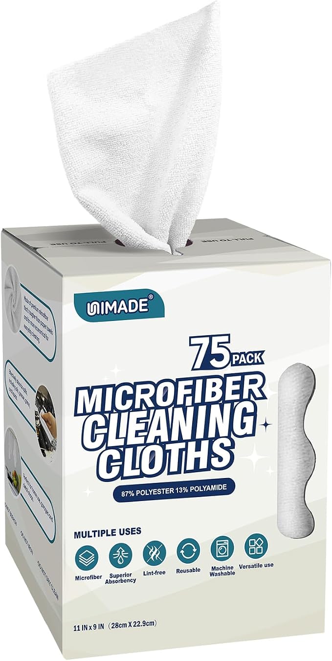 Microfiber Cleaning Cloth, 75 Sheets Microfiber Towels for Cars Commercial Grade Washcloths Lint-Free Bulk Shop Towel Cleaning Rags for Household Restaurant Garage Housekeeping, 11"x 9", White