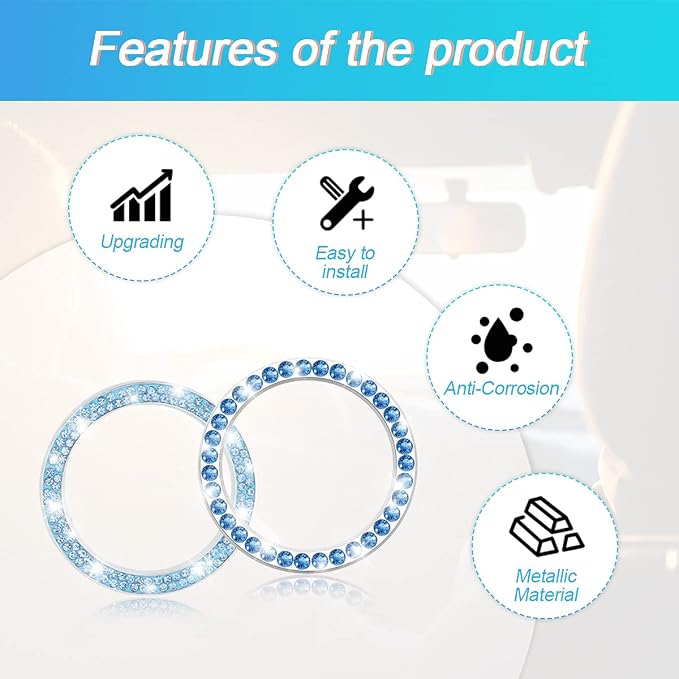 Car Bling Crystal Rhinestone Engine Start Ring Stickers, 1 Single Drainage Drill and 1 Double Drainage Drill Car Start Button Cover, Key Ignition Knob Bling Ring Decals, Car Accessories(Set Blue)