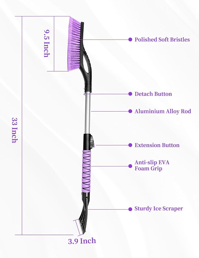 Ice Scraper and Brush for Car, Extendable Snow Brush and Ice Scraper for Car Windshield Window, Car Snow Scraper and Brush with Foam Grip for SUV Truck Automobile Vehicle - Purple