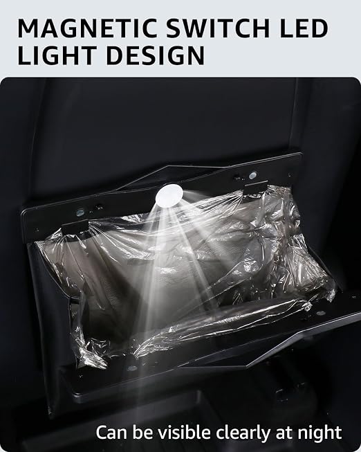 Trash Can for Tesla Model 3 2017-2023 Garbage Bag [Strong Magnetic Buckle] with LED Light 1PCS Backseat Hanging Garbage Bin Waterproof Faux Leather Model 3 Interior Accessories 2.5 Gallons