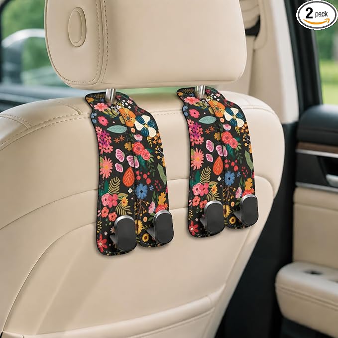 Cute Floral Car Seat Back Storage Headrest Hooks for Purses & Bags – 2PCS PU Leather Dual Metal Hooks, Backseat Organizer Accessories