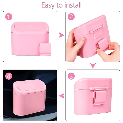 Pink Car Trash Can with Lid, Mini Auto Garbage Can with 30 Trash Bags, Leakproof Automotive Garbage Container Bin, Multipurpose Organizers and Storage for Car, Home, Office (Pink)