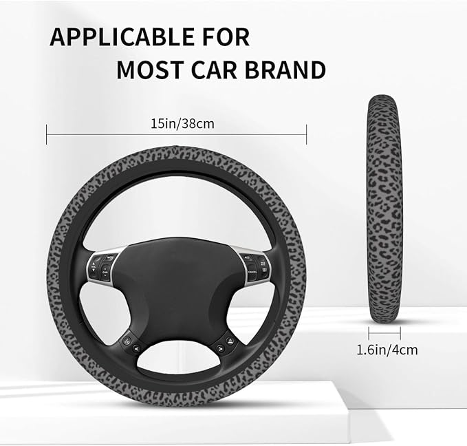Black Leopard Print Steering Wheel Cover Universal 15 Inch Cheetah Elastic Steering Wheel Cover Leopard Auto Car Accessories Non-Slip Breathable Neoprene Steering Wheel Covers Protector Universal