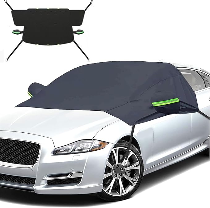 Front Windshield Snow Cover with Side Window Protection for Car and SUV, Winter Frost Ice Guard, Windproof Car Windshield Protector (Oxford Cloth Reflective Strips Green)