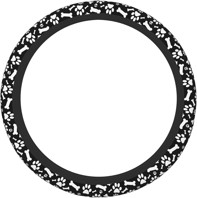 Paw Bones Steering Wheel Cover Car Elastic Steering Wheel Protector | Black White Dog Anti-Slip Breathable Car Accessories Interior for Women Men Universal 15 Inch Fit Auto SUVs Truck