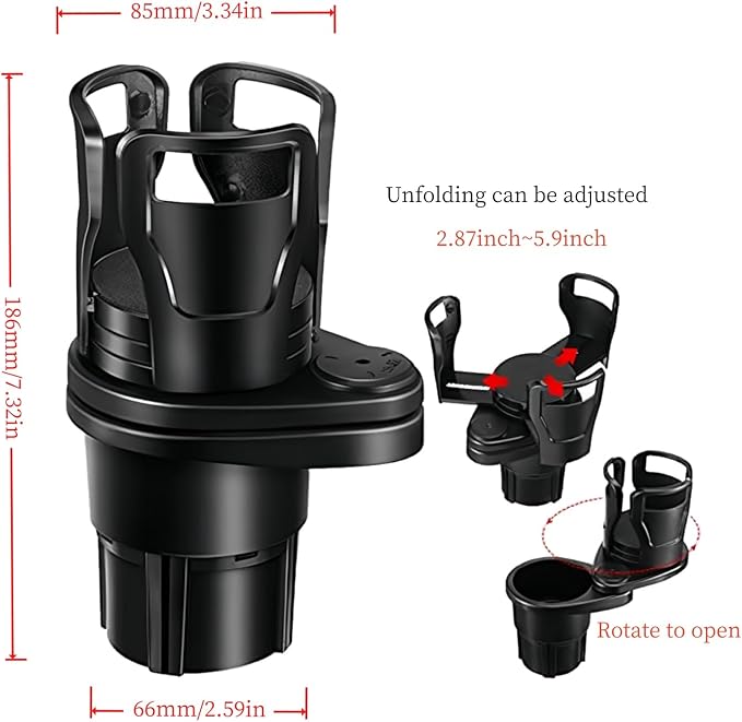 Dual Car Cup Holder Expander with 2.59" Base, 2-in-1 Universal Cup Holder Extender, 16 Cushion Pads for Stability, Expandable Top (2.87"-5.9") for Large Bottles, Mugs & Instant Noodle Bowls
