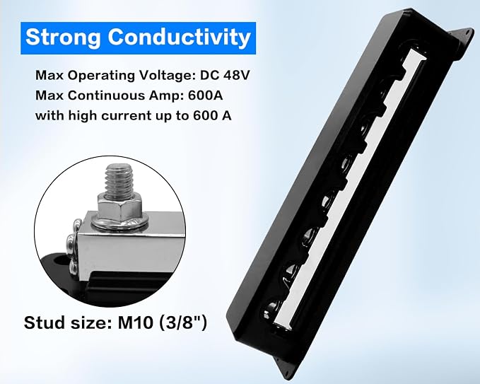 600A Bus Bar Heavy Duty Power Distribution Block 48V DC Busbar Box with 8X M10(3/8") Terminal Studs for Battery Marine Automotive RV Car Truck (Black)