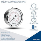 0-100 Psi Glycerin Liquid Filled Low Pressure Gauge, 2.5" Dial Size, 1/4" NPT Back Mount, Stainless Steel Case, for Water Pump, Pneumatic Air, Well, RV Hose Tank, Pressure Test