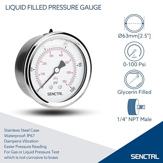 0-100 Psi Glycerin Liquid Filled Low Pressure Gauge, 2.5" Dial Size, 1/4" NPT Back Mount, Stainless Steel Case, for Water Pump, Pneumatic Air, Well, RV Hose Tank, Pressure Test