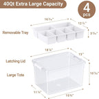 160Qt Large Stackable Storage Bins with Lids & Trays, Clear Plastic Latching Boxes Organizers with Dividers Portable 40Gal Containers for Arts & Crafts, Home and Car Trunk Organization, 4Pack