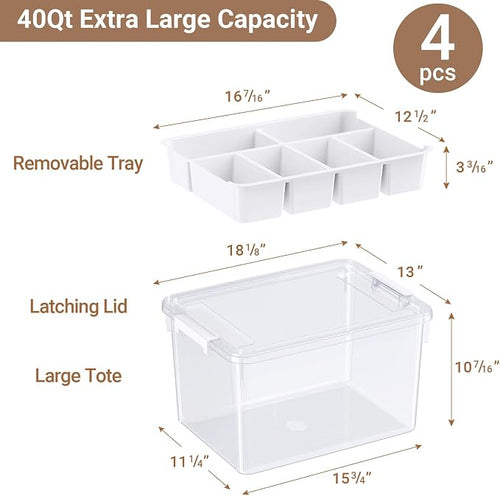 160Qt Large Stackable Storage Bins with Lids & Trays, Clear Plastic Latching Boxes Organizers with Dividers Portable 40Gal Containers for Arts & Crafts, Home and Car Trunk Organization, 4Pack