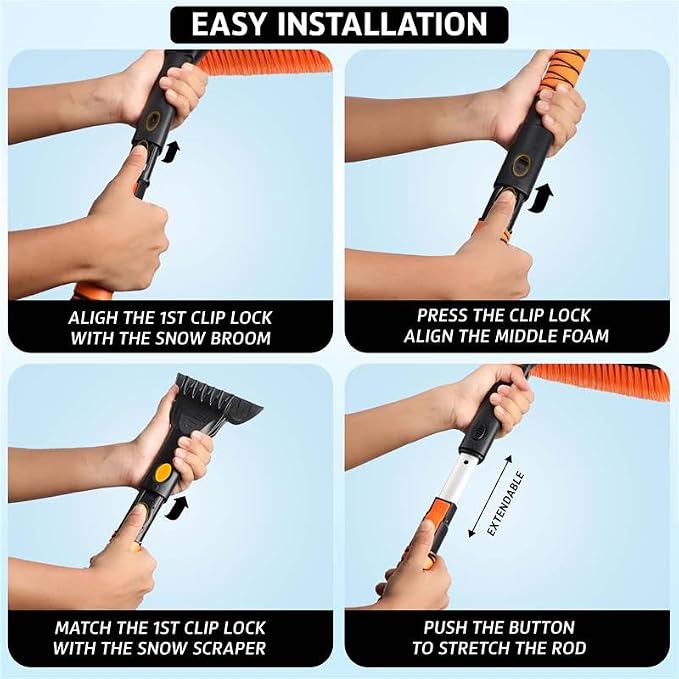 63" Extendable Snow Brush & Ice Scraper with 360° Pivoting Head | Telescopic Aluminum Handle | Extra Long Snow Brush for Car Windshield, Roof & SUVs | Heavy Duty Ice Scraper for Trucks