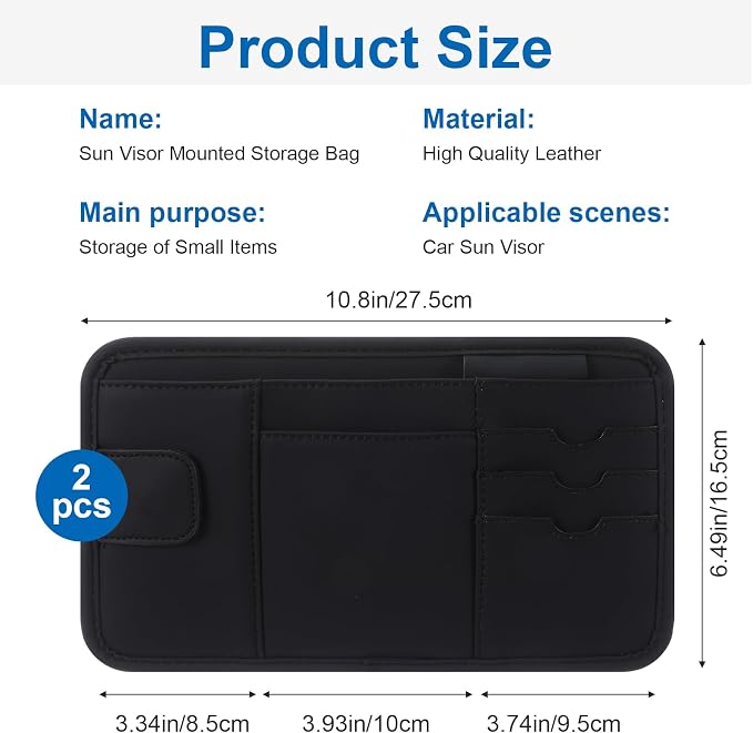 2 Pcs Car Sun Visor Multi-Pocket Organizer, Pu Leather Car Visor Organizer | Premium Pu Leather & Durable, Multi-Functional Storage, Instant Installation, Secure Fit