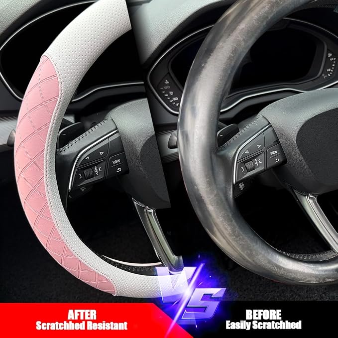 Nappa Leather Steering Wheel Cover,Elegant Diamond Checkered Design, Non-Slip wear-Resistant, Enhance Driving Comfort, Suitable for Steering Wheel Diameter 14 1/2‘-15’ Models.White and Pink