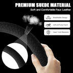 Suede Steering Wheel Cover with Upgraded Silicone Inner Ring, Breathable, Anti-Slip, Leather Universal 14.5 to 15 Inch Steering Wheel Cover (Black with Handwoven Craft)