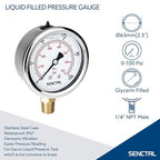 0-100 Psi Glycerin Liquid Filled Low Pressure Gauge, 2.5" Dial Size, 1/4" NPT Lower Mount, Stainless Steel Case, for Water Pump, Pneumatic Air, Well, RV Hose, Tank, Gas Pressure Test
