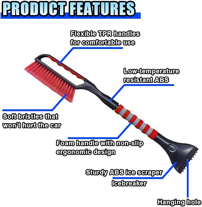 26.4" Ice Scraper and Snow Brush for Car Windshield, 2 in 1 Winter Detachable Window Deicer with Foam Grip, Snow and Ice Removal Tool Accessories for Car, SUV, Truck (Red)
