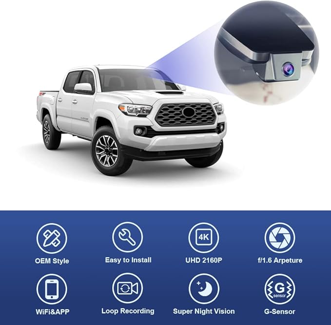 4K Dash Cam Compatible with Toyota Tacoma 2018 2019 2020 2021 2022 2023 Limited SR5 SR TRD Sport Off-Road Pro, OEM Factory Look, 2160P Video WiFi, G-Sensor Loop Recording, Plug&Play, 64GB Card